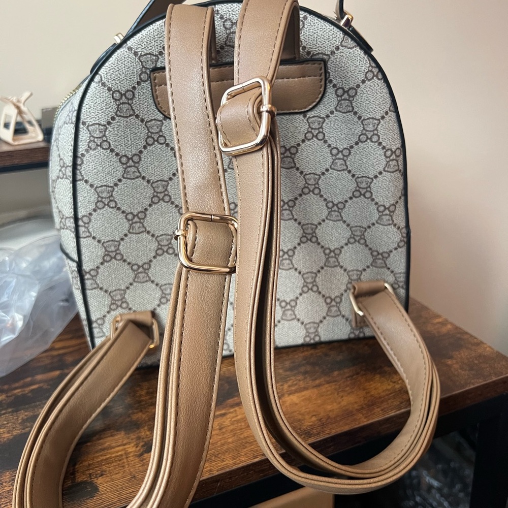 Beige and Brown Patterned Tote and Backpack Set - Picture 3 of 5